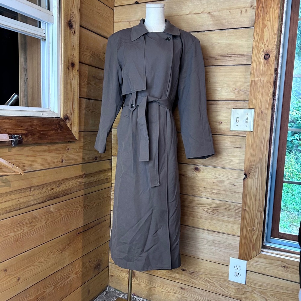 Vintage Pure Wool Trench Coat Duster Women Large Charcoal Brown Saville Maxi